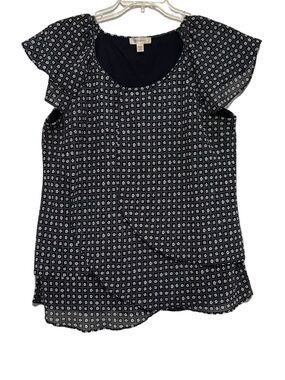 dressbarn Black & White Floral Flutter Sleeve Blouse